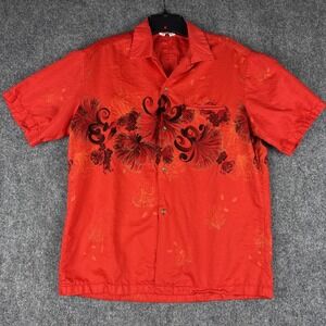Vintage 1960s Hawaiian Togs Border Print Aloha Shirt Red Tiki Rayon Cotton Med